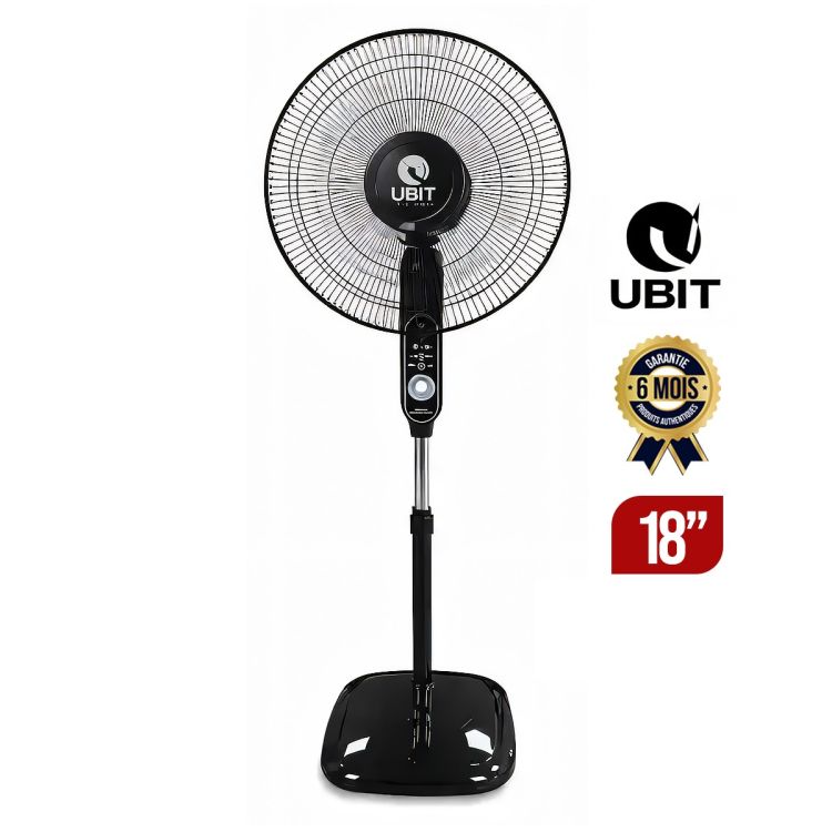 Ventilateur Rechargeable UBIT UB20R – 18 Pouces – Batterie Lithium Rechargeable – 3 Vitesses – Lumière LED – Port USB – Garantie 6 Mois