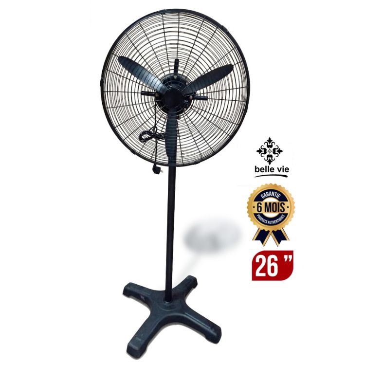 Ventilateur sur Pied Industriel BELLE VIE BVFS-650 - 26 Pouces - Hélice 650 mm - 3 Pales Aluminium - 3 Vitesses - Hauteur Réglable - Base Croix Métallique - Garantie 6 mois