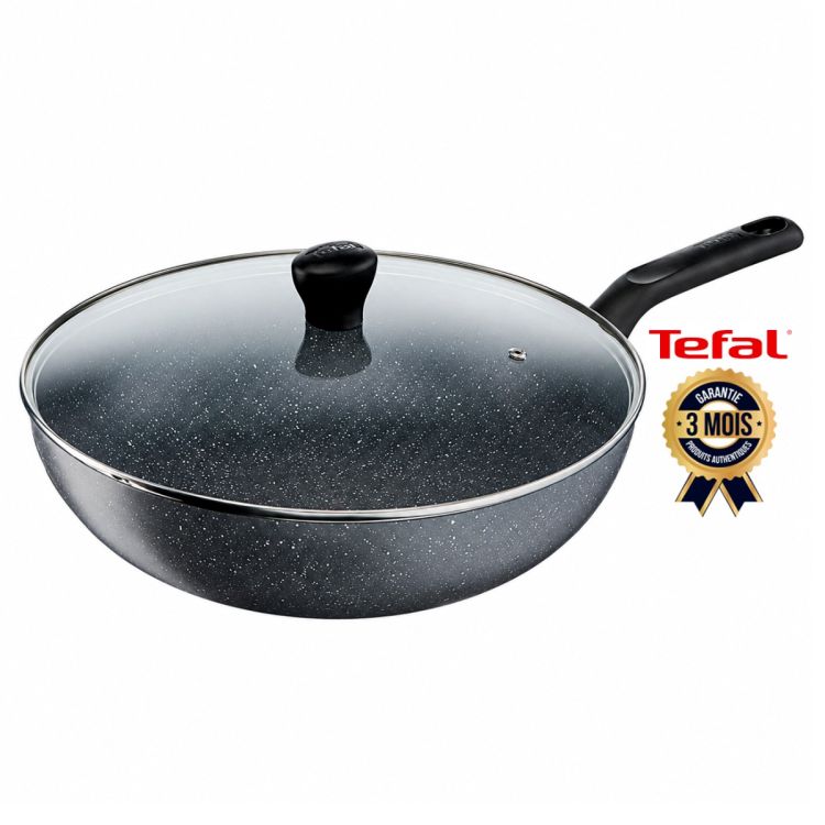 Wok / Poêle Wok Antiadhésive Avec Couvercle en Verre - TEFAL - Natura - B2269295 - 28 cm - Revêtement Mineralia Sans PFOA - Indicateur Thermo-Signal  - Compatible Tous Feux Sauf Induction - 3 mois de garantie