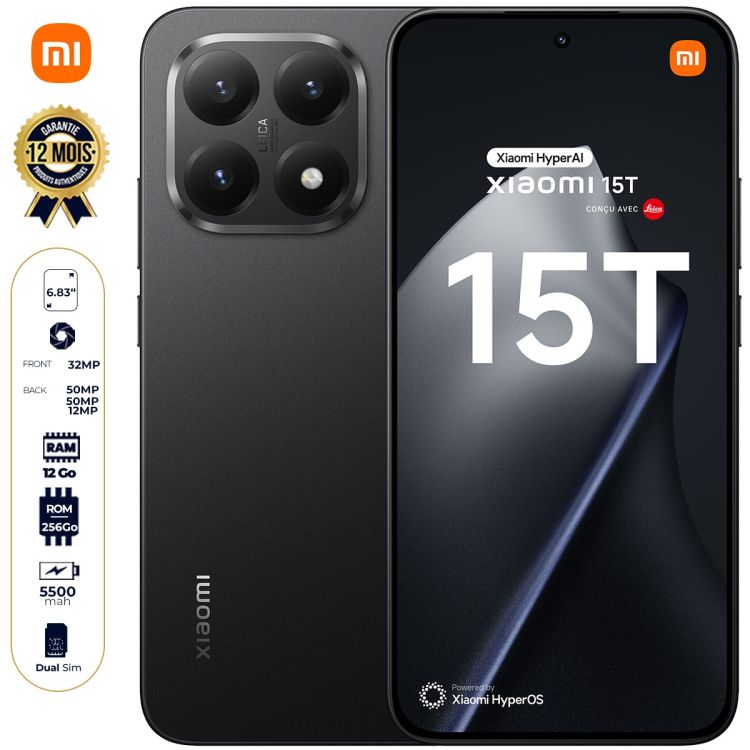 Xiaomi 15T - 256 Go - 12 Go RAM - 6,83" - Dual Nano SIM - 50 MP+50 MP+12 MP / 32 MP - 5500 mAh - Garantie 12 mois