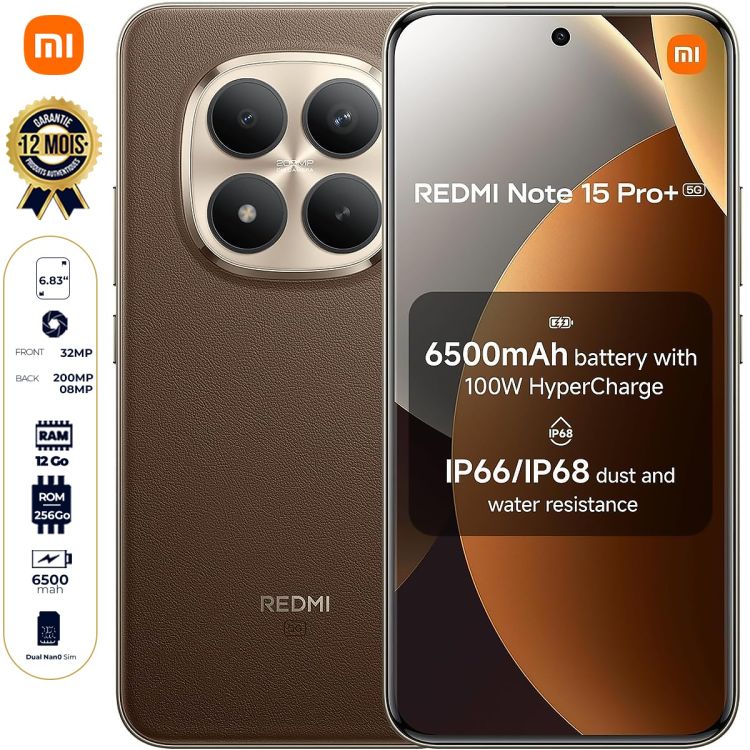 Xiaomi Redmi Note 15 Pro+ 5G - 256 Go - 12 Go RAM - 6,83" - 2 Nano SIM - 200MP + 8MP/ 32MP - 6500mAh - Garantie 12mois